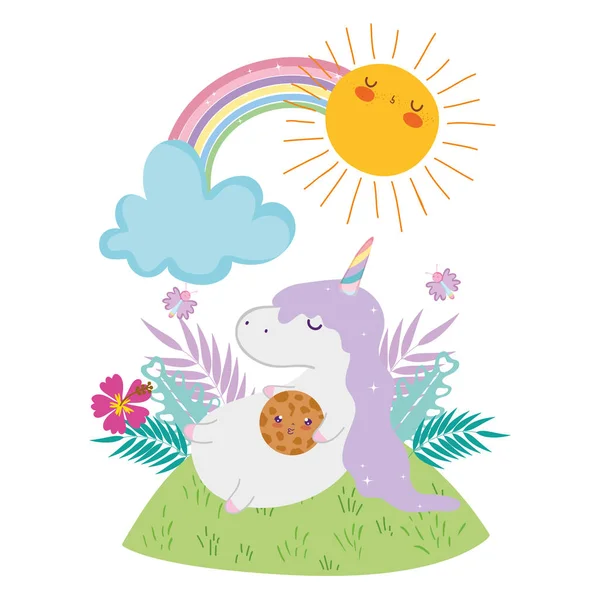 Schattige Eenhoorn met wolken en Rainbow kawaii — Stockvector