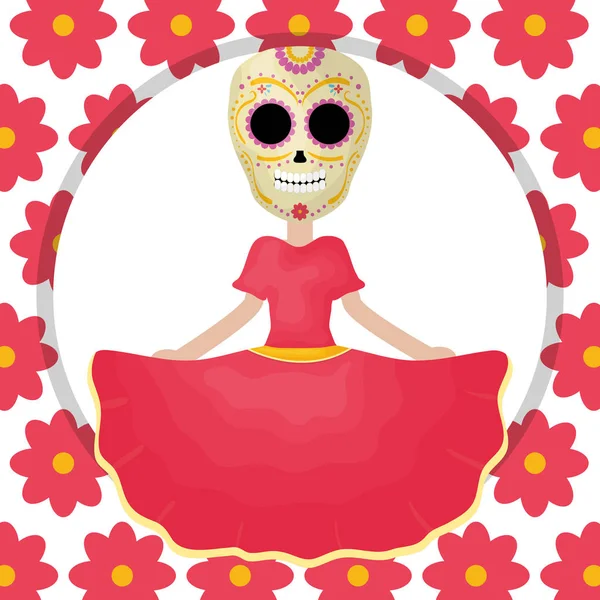 花柄の伝統的なカトリーナメキシコのキャラクター — ストックベクタ