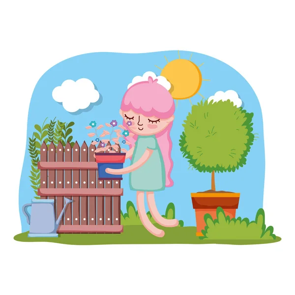 Malá holčička zvedací domácnost se stromem a plotem — Stockový vektor
