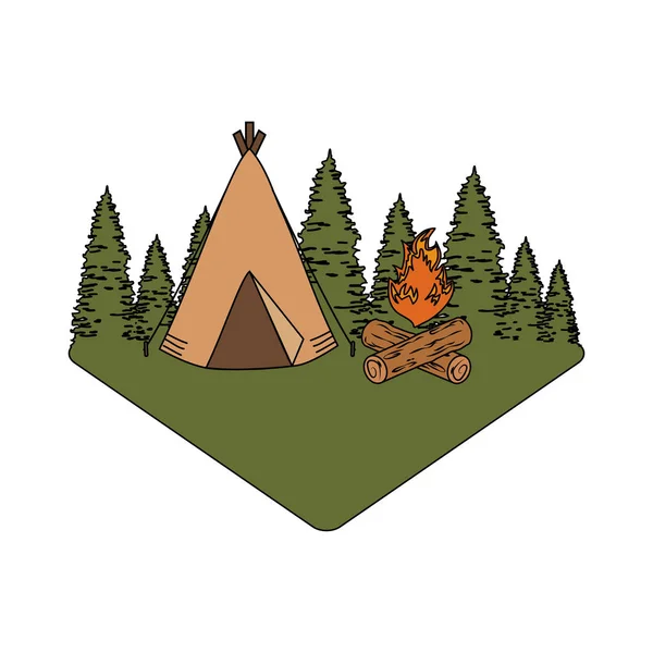 松の木の森の焚き火とテントのシーン — ストックベクタ