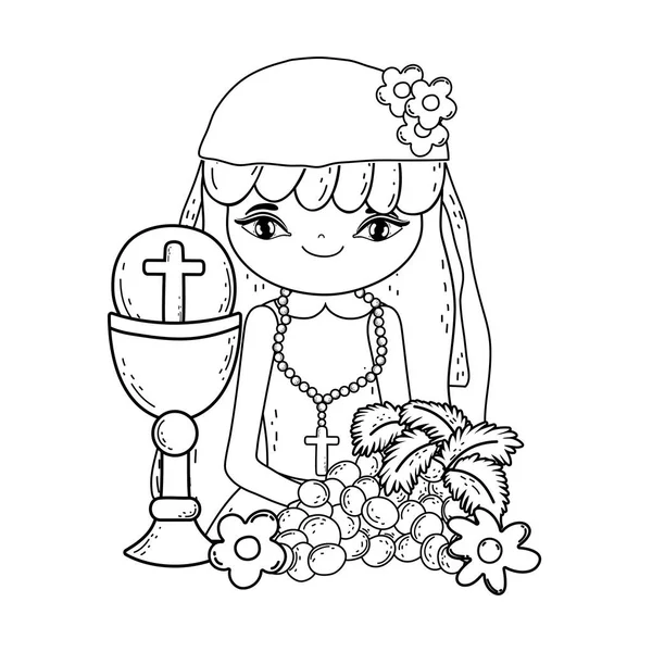 Petite fille avec calice dans la première célébration de communion — Image vectorielle