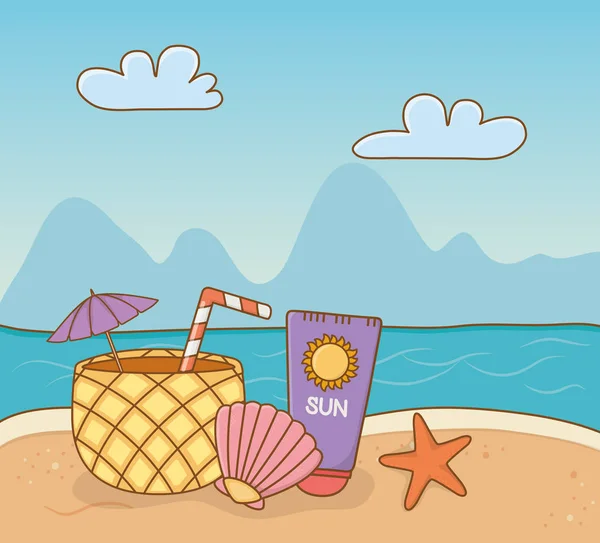 Coquetel de abacaxi e set itens cena praia — Vetor de Stock