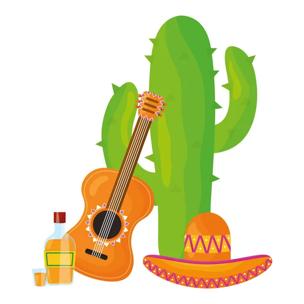 Gitar ve tekila ile meksika cactu — Stok Vektör