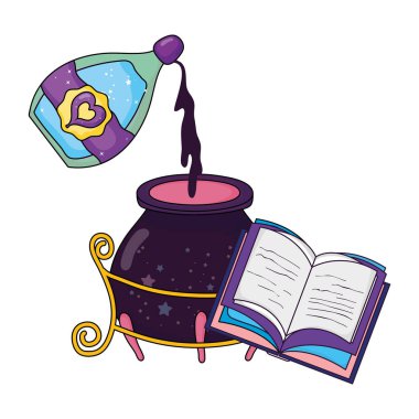 iksir şişe ve kitap ile sihirli cadı kazan