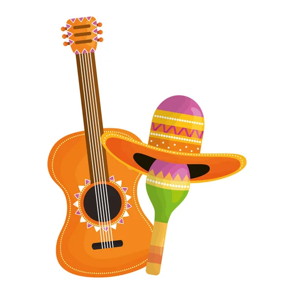Maraca mit mexikanischem Hut und Gitarre — Stockvektor