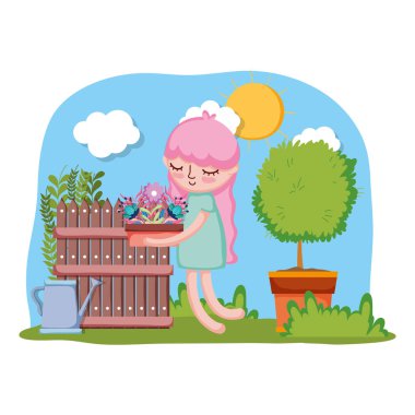 küçük kız ağaç ve çit ile houseplant kaldırma