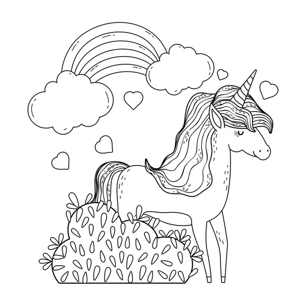 Unicorn kecil yang indah dengan pelangi di lanskap - Stok Vektor