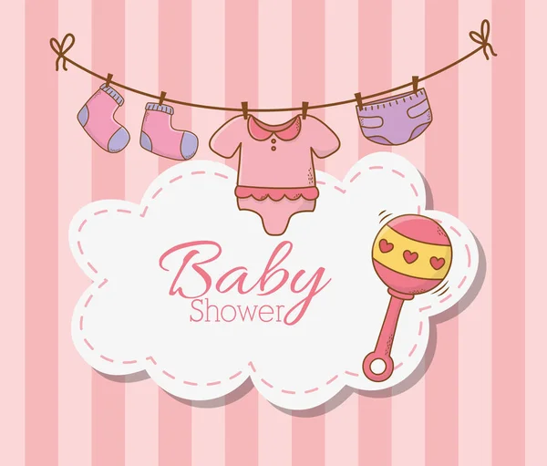 Baby shower card with accessories hanging — Stock Vector