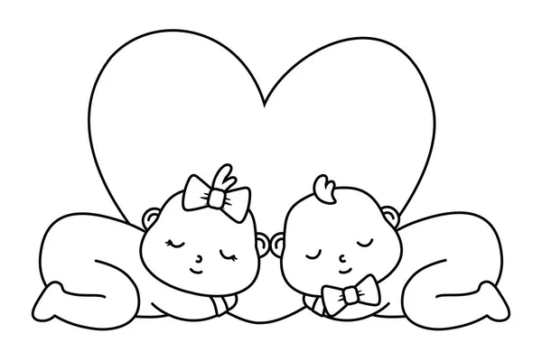 Babys sleeping with heart in black and white — Stock Vector