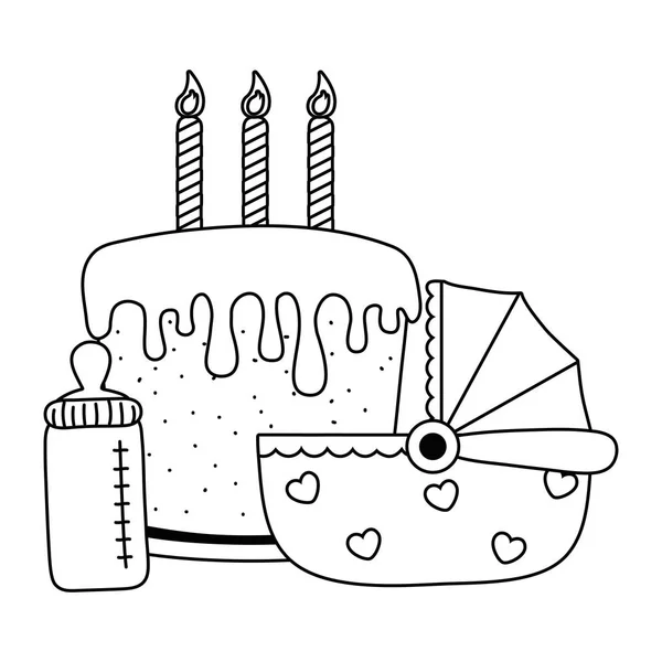 Cuna con pastel de cumpleaños en blanco y negro — Vector de stock