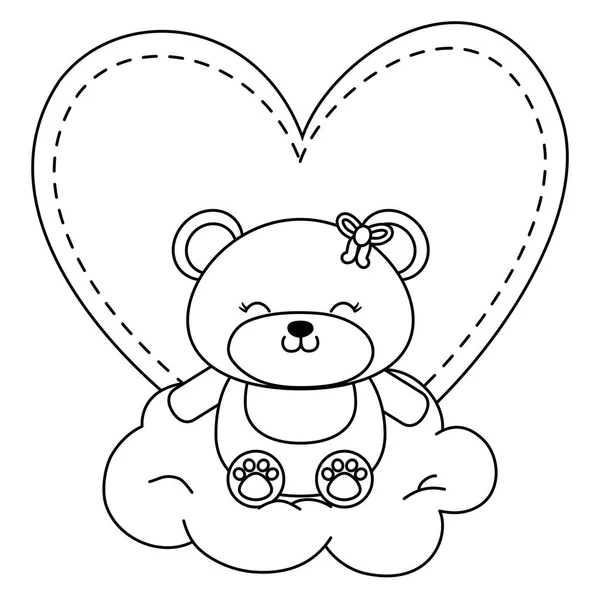 Zabawka niedźwiedź siedzi na obłoku w czerni i bieli — Wektor stockowy
