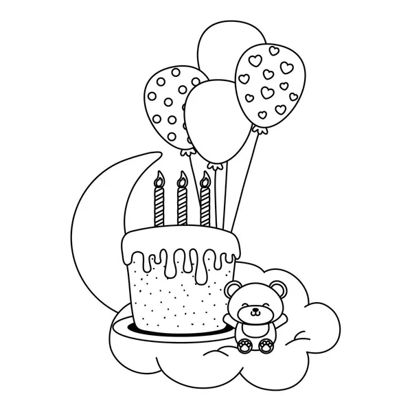 Bolo de aniversário com velas e urso de brinquedo em preto e branco — Vetor de Stock