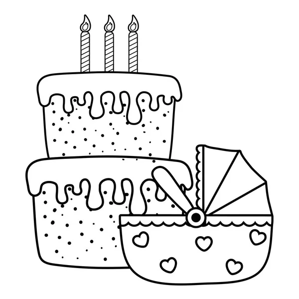 Berceau avec gâteau d'anniversaire en noir et blanc — Image vectorielle