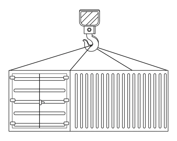 Contenedor de carga colgado en un gancho de grúa en blanco y negro — Vector de stock