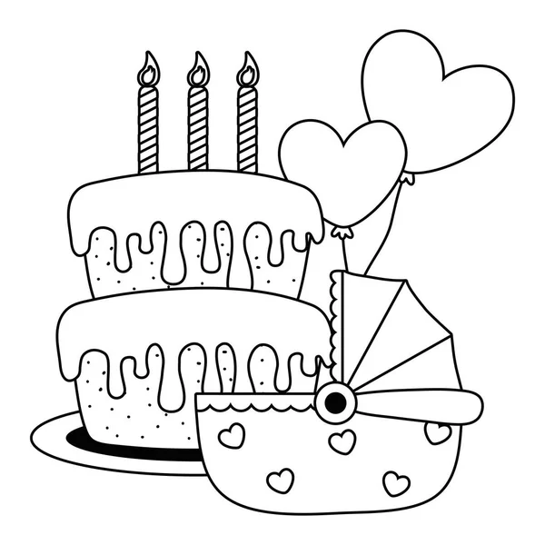 Cradle with birthday cake in black and white — Stock Vector