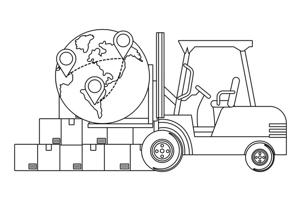 Gabelstapler und Globus in schwarz-weiß — Stockvektor