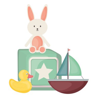 blok kare çerçeve ve doğum günü elemanları vektör illustraitor ile doldurulmuş tavşan ve yelkenli