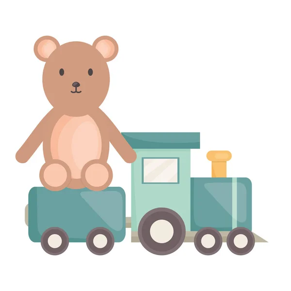 Malý medvěd medvídek s malým čtvercem vlaku a prvky narozeninového vektoru — Stockový vektor