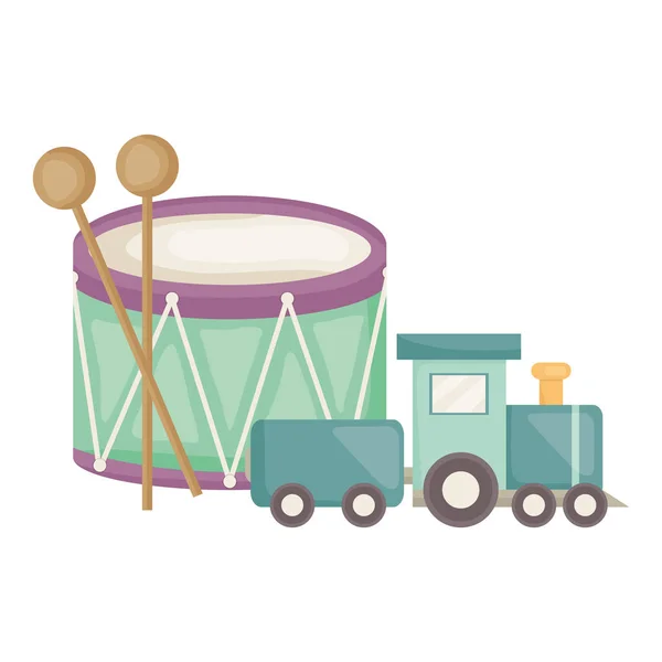 Tambour musical avec petit train carré cadre et éléments d'anniversaire vecteur illustratrice — Image vectorielle