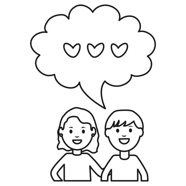 Jeune couple avec bulles de parole et coeurs cadre carré et éléments d'anniversaire vecteur illustratrice — Image vectorielle