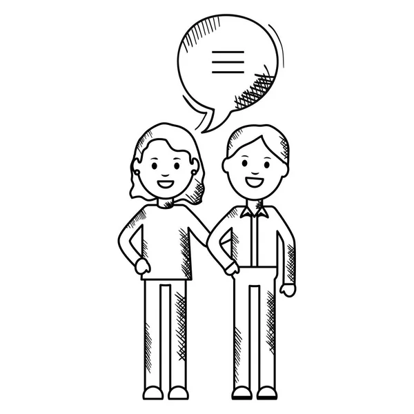 Jovem casal com bolhas de fala avatares personagens quadro quadrado e elementos de aniversário vector illustraitor — Vetor de Stock