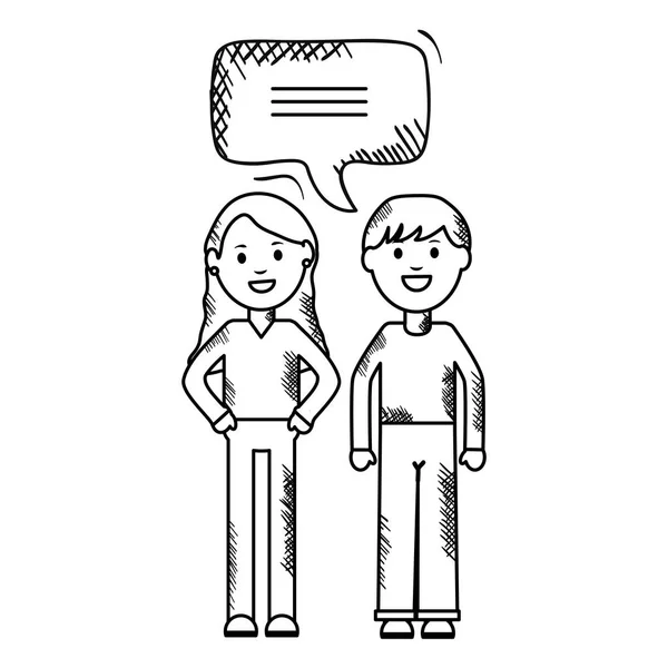 Νεαρό ζευγάρι με φυσαλίδες ομιλίας χαρακτήρες avatars τετράγωνο πλαίσιο και στοιχεία γενεθλίων εικονογράφος διάνυσμα — Διανυσματικό Αρχείο