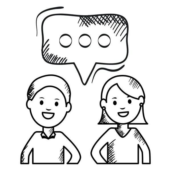 Jeune couple avec bulles vocales avatars personnages cadre carré et éléments d'anniversaire vecteur illustratrice — Image vectorielle
