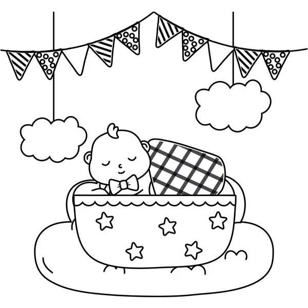 Bébé dormant dans un berceau en noir et blanc — Image vectorielle