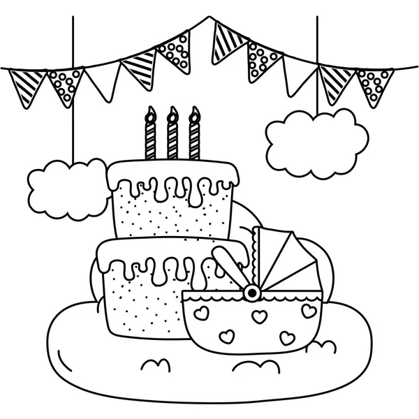 흑백의 생일 케이크와 요람 — 스톡 벡터