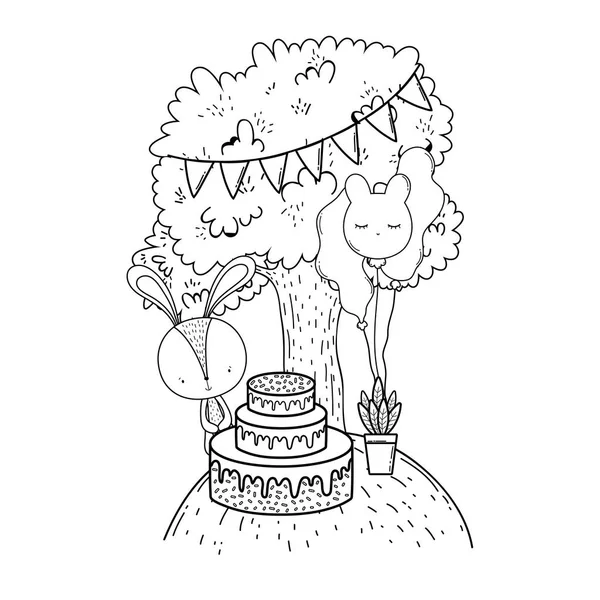 Кролик со сладким тортом и воздушными шарами в пейзаже — стоковый вектор