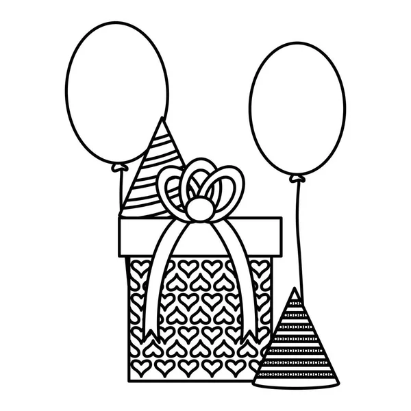 Caja de regalo con sombrero de fiesta y globos de helio flotante — Vector de stock
