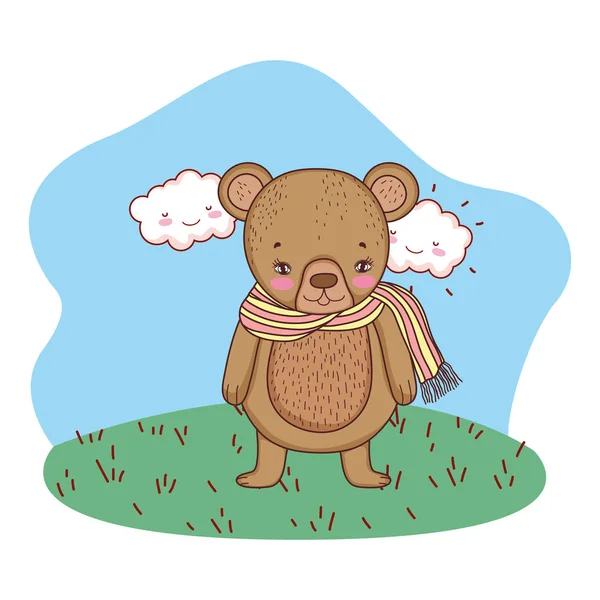 Urso pequeno bonito com cachecol no acampamento —  Vetores de Stock