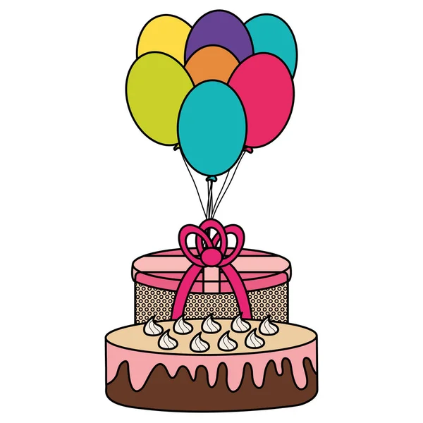Geschenkbox mit süßem Kuchen und Luftballons Helium schwimmend — Stockvektor