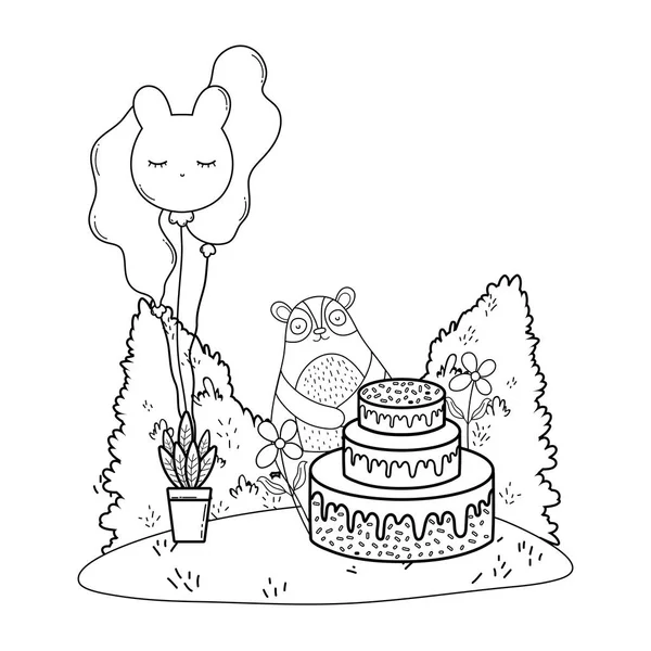 Schattige beer met zoete cake en ballonnen helium — Stockvector