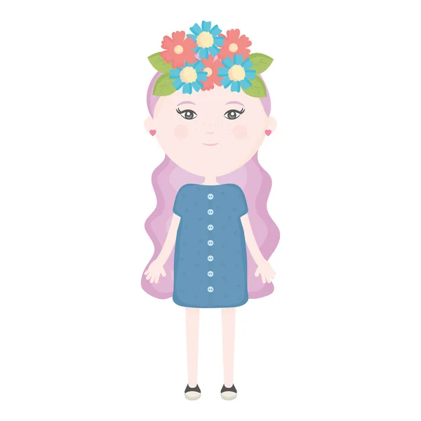 可爱的小女孩与花冠在头发字符 — 图库矢量图片