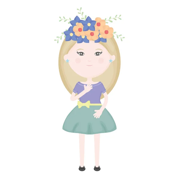 Linda niña con corona floral en el carácter del pelo — Vector de stock