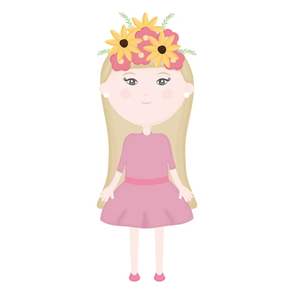 Linda niña con corona floral en el carácter del pelo — Vector de stock