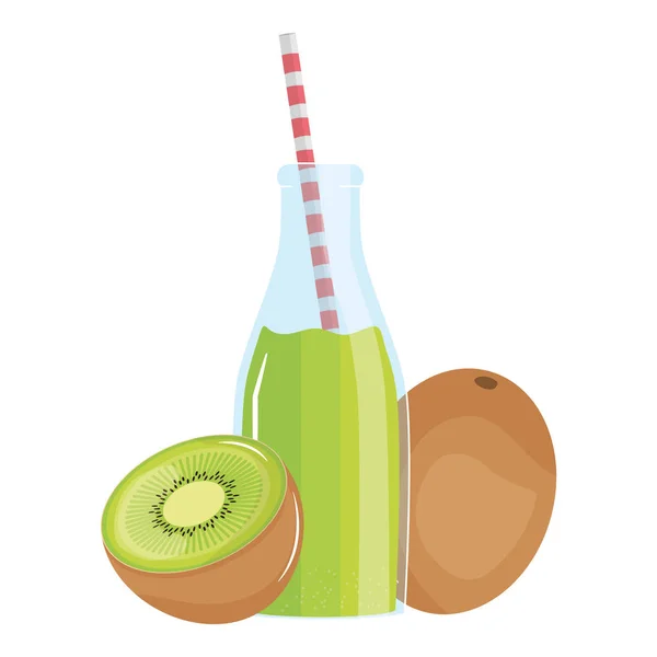 Frische Saft-Kiwi-Früchte in Flaschen mit Stroh — Stockvektor