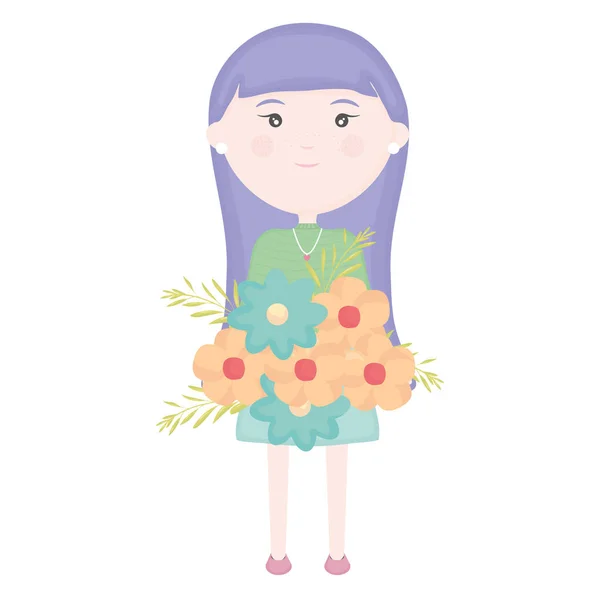 Linda niña con carácter ramo de flores — Vector de stock