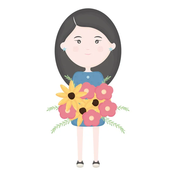 Linda niña con carácter ramo de flores — Vector de stock