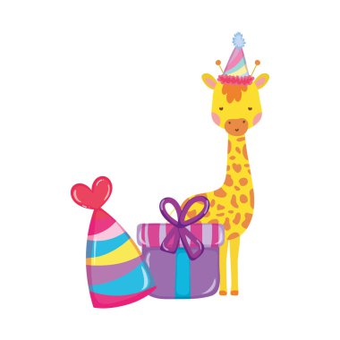 parti şapka karakteri ile sevimli ve küçük zürafa