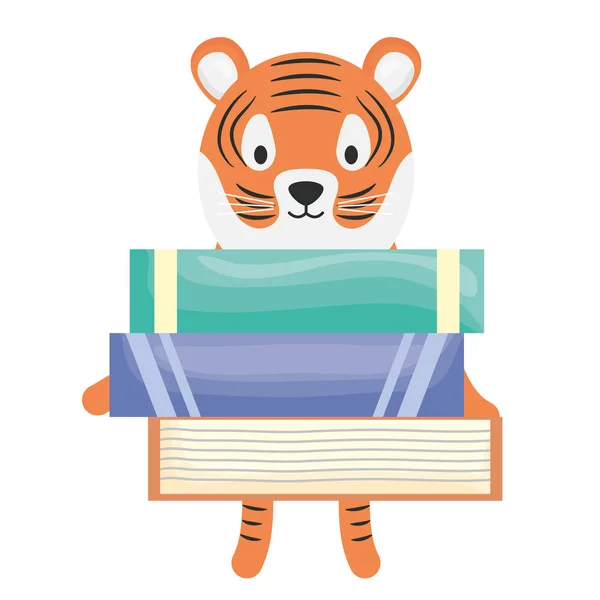 Милий тигр з книгами дитячий персонаж — стоковий вектор
