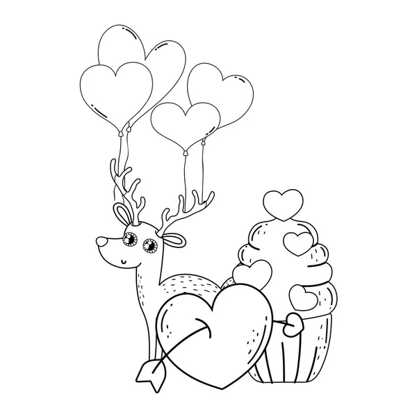 Mignon renne amour avec caractère cupcake — Image vectorielle