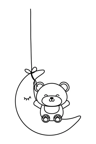Urso de brinquedo sentado na lua em preto e branco — Vetor de Stock