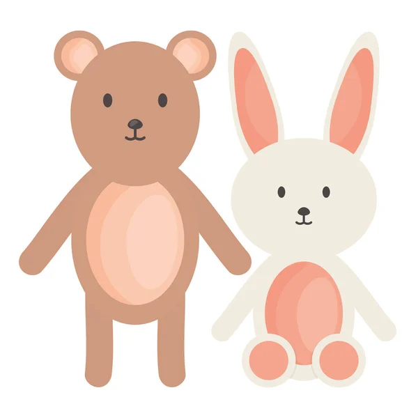 Petit ours en peluche avec lapin peluche jouets cadre carré et éléments d'anniversaire vecteur illustratrice — Image vectorielle