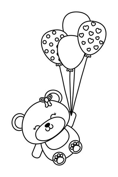 Urso de brinquedo com balões em preto e branco —  Vetores de Stock