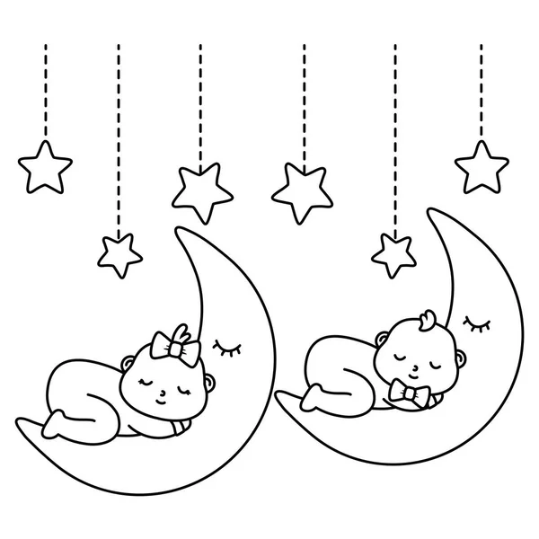 Babys dormindo sobre a lua em preto e branco —  Vetores de Stock