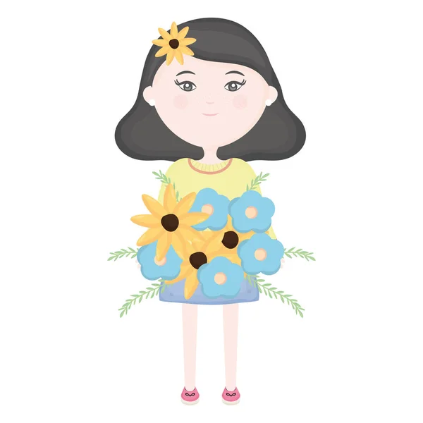 stock vector cute girl with floral bouquet and flower in hair character