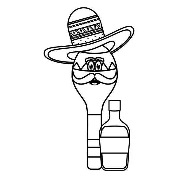 メキシコの帽子のキャラクターとテキーラボトルを持つマラカ — ストックベクタ