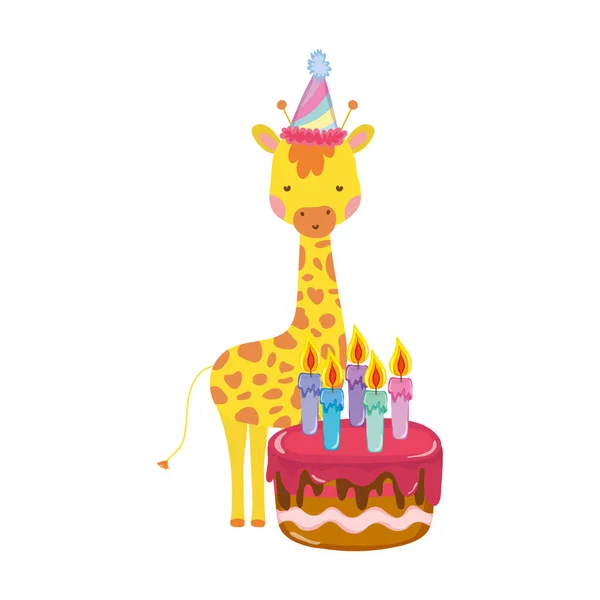 Linda y pequeña jirafa con sombrero de fiesta y pastel dulce — Vector de stock